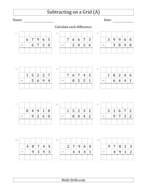 The Subtracting 4-Digit Numbers from 5-Digit Numbers With Grid Support (A) Math Worksheet
