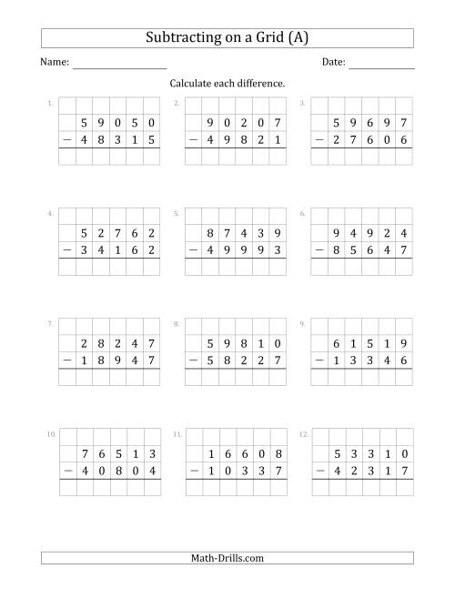 The Subtracting 5-Digit Numbers from 5-Digit Numbers With Grid Support (A) Math Worksheet