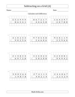 Subtracting 5-Digit Numbers from 6-Digit Numbers With Grid Support