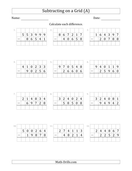 The Subtracting 5-Digit Numbers from 6-Digit Numbers With Grid Support (A) Math Worksheet