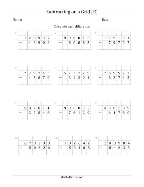 The Subtracting 5-Digit Numbers from 6-Digit Numbers With Grid Support (E) Math Worksheet