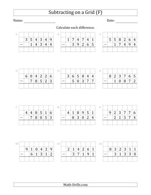 The Subtracting 5-Digit Numbers from 6-Digit Numbers With Grid Support (F) Math Worksheet