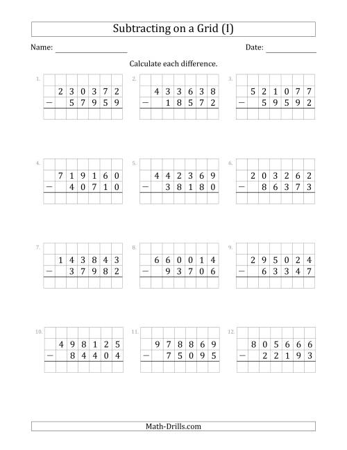 The Subtracting 5-Digit Numbers from 6-Digit Numbers With Grid Support (I) Math Worksheet