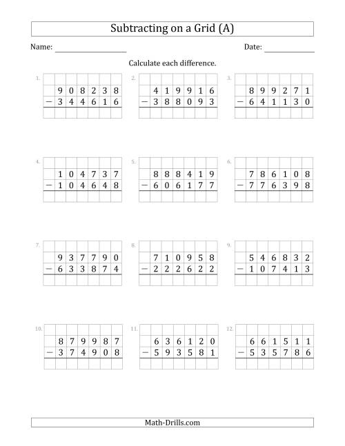The Subtracting 6-Digit Numbers from 6-Digit Numbers With Grid Support (A) Math Worksheet