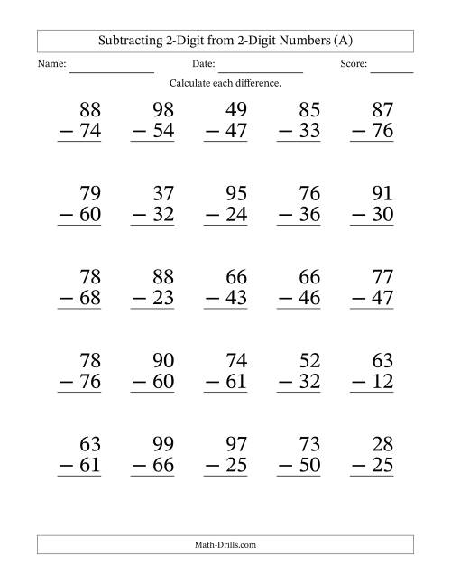 Large Print 2-Digit Minus 2-Digit Subtraction With No Regrouping (A)
