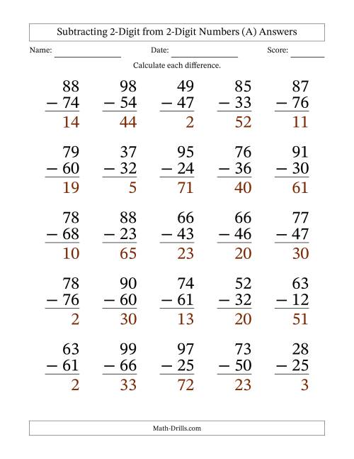 The Subtracting 2-Digit from 2-Digit Numbers With No Regrouping (25 Questions) Large Print (A) Math Worksheet Page 2