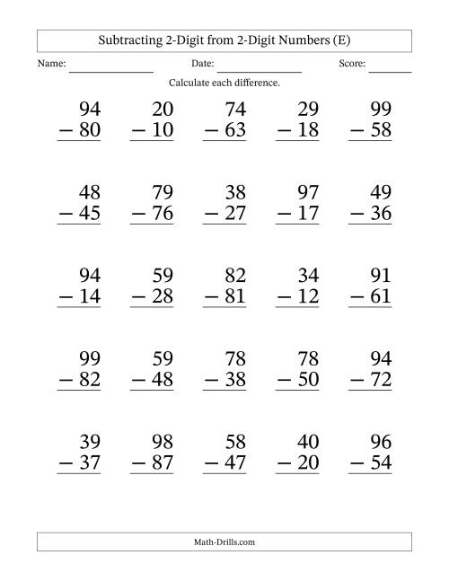 large print 2 digit minus 2 digit subtraction with no regrouping e