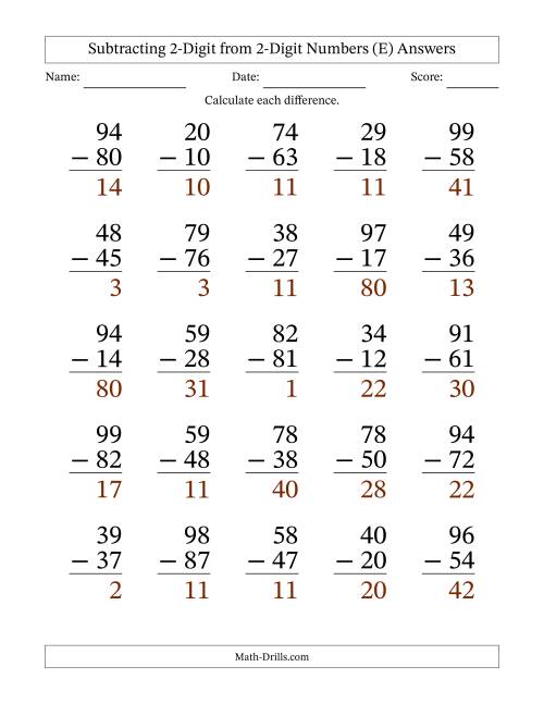 large print 2 digit minus 2 digit subtraction with no regrouping e