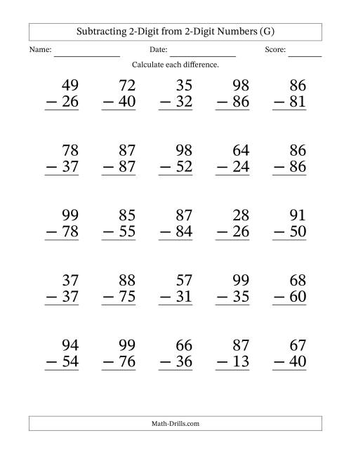 The Subtracting 2-Digit from 2-Digit Numbers With No Regrouping (25 Questions) Large Print (G) Math Worksheet