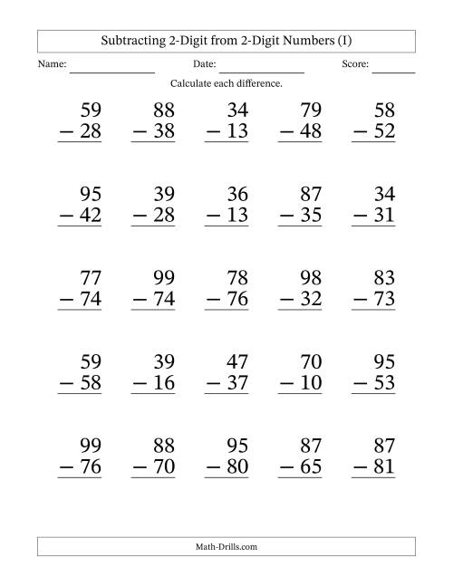 The Subtracting 2-Digit from 2-Digit Numbers With No Regrouping (25 Questions) Large Print (I) Math Worksheet