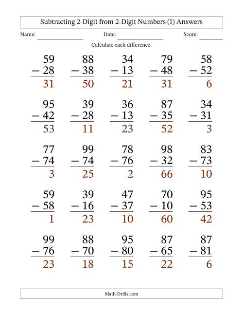 The Subtracting 2-Digit from 2-Digit Numbers With No Regrouping (25 Questions) Large Print (I) Math Worksheet Page 2