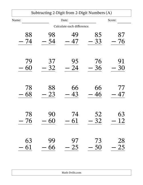 Large Print 2 Digit Minus 2 Digit Subtraction With NO Regrouping All 