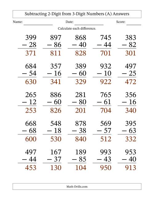 The Subtracting 2-Digit from 3-Digit Numbers With No Regrouping (25 Questions) Large Print (A) Math Worksheet Page 2