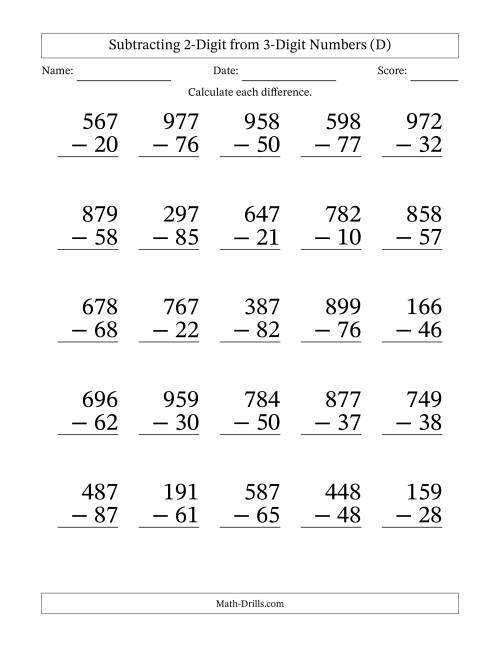 Large Print 3-Digit Minus 2-Digit Subtraction with NO Regrouping (D)