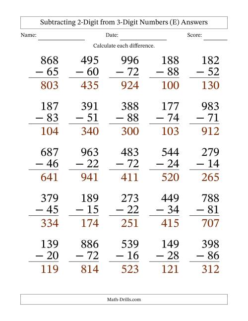 Large Print 3-Digit Minus 2-Digit Subtraction with NO Regrouping (E)