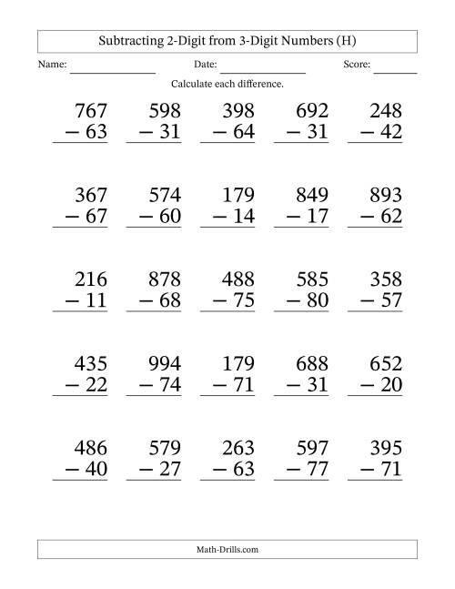 The Subtracting 2-Digit from 3-Digit Numbers With No Regrouping (25 Questions) Large Print (H) Math Worksheet