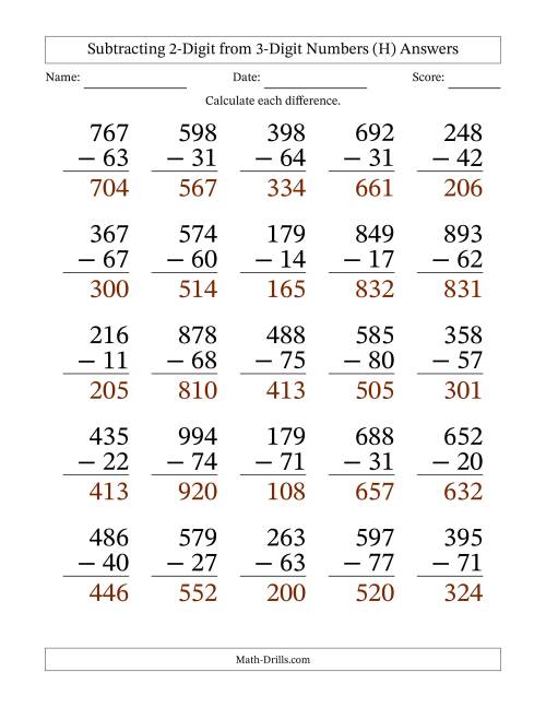 The Subtracting 2-Digit from 3-Digit Numbers With No Regrouping (25 Questions) Large Print (H) Math Worksheet Page 2