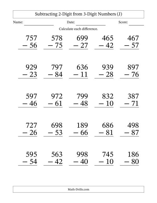 The Subtracting 2-Digit from 3-Digit Numbers With No Regrouping (25 Questions) Large Print (J) Math Worksheet