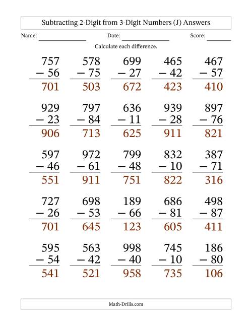 Large Print 3-Digit Minus 2-Digit Subtraction with NO Regrouping (J)