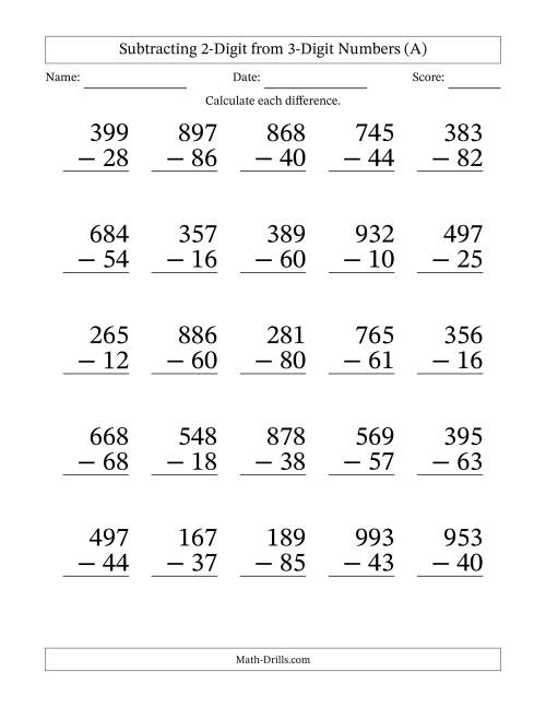 The Subtracting 2-Digit from 3-Digit Numbers With No Regrouping (25 Questions) Large Print (All) Math Worksheet