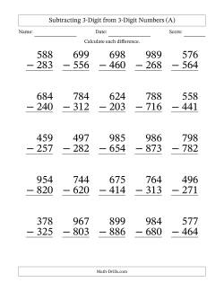 Subtracting 3-Digit from 3-Digit Numbers With No Regrouping (25 Questions) Large Print