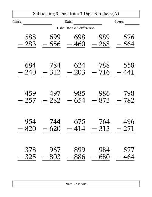 The Subtracting 3-Digit from 3-Digit Numbers With No Regrouping (25 Questions) Large Print (A) Math Worksheet