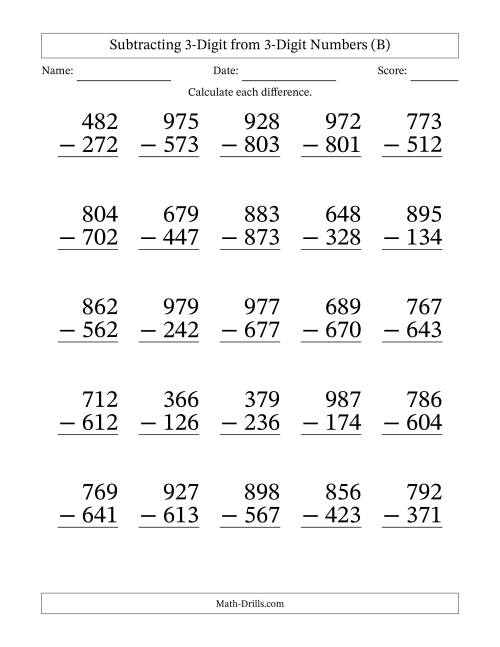 The Subtracting 3-Digit from 3-Digit Numbers With No Regrouping (25 Questions) Large Print (B) Math Worksheet