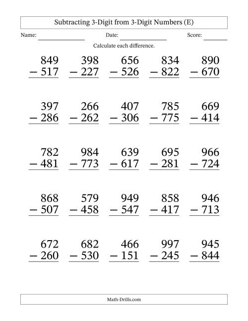 Subtracting 3-Digit from 3-Digit Numbers With No Regrouping (25 ...