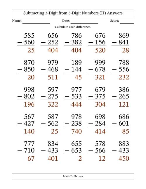 Large Print 3-Digit Minus 3-Digit Subtraction with NO Regrouping (H)