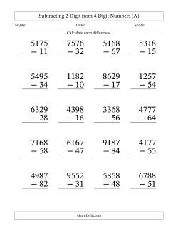 Subtracting 2-Digit from 4-Digit Numbers With No Regrouping (20 Questions) Large Print