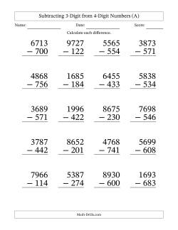 Subtracting 3-Digit from 4-Digit Numbers With No Regrouping (20 Questions) Large Print