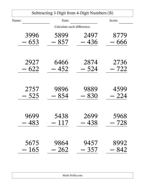 The Subtracting 3-Digit from 4-Digit Numbers With No Regrouping (20 Questions) Large Print (B) Math Worksheet