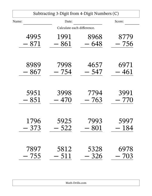 Large Print 4-Digit Minus 3-Digit Subtraction with NO Regrouping (C)