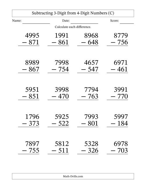 The Subtracting 3-Digit from 4-Digit Numbers With No Regrouping (20 Questions) Large Print (C) Math Worksheet