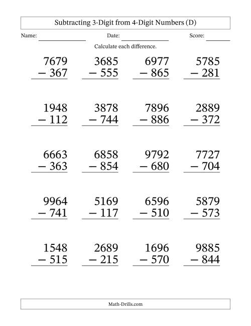 The Subtracting 3-Digit from 4-Digit Numbers With No Regrouping (20 Questions) Large Print (D) Math Worksheet