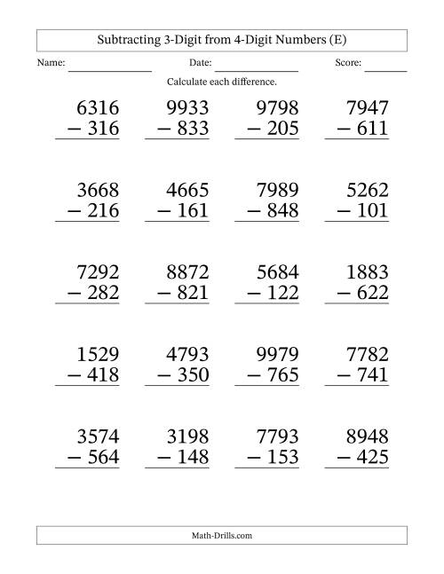 Large Print 4-Digit Minus 3-Digit Subtraction with NO Regrouping (E)