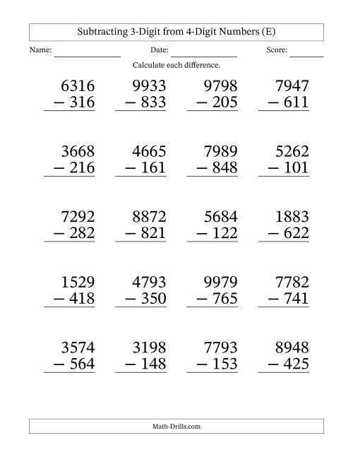 The Subtracting 3-Digit from 4-Digit Numbers With No Regrouping (20 Questions) Large Print (E) Math Worksheet