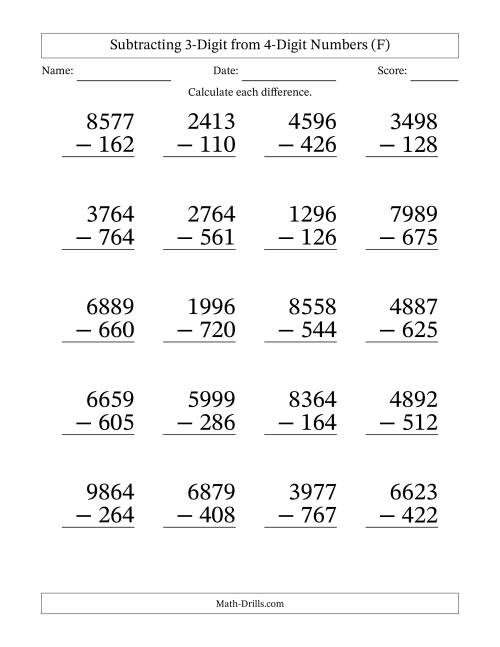 The Subtracting 3-Digit from 4-Digit Numbers With No Regrouping (20 Questions) Large Print (F) Math Worksheet