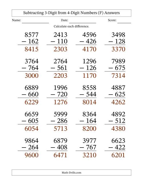 The Subtracting 3-Digit from 4-Digit Numbers With No Regrouping (20 Questions) Large Print (F) Math Worksheet Page 2