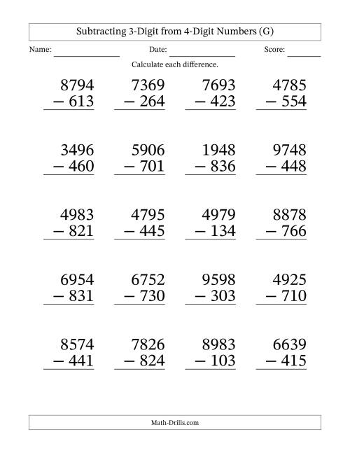 The Subtracting 3-Digit from 4-Digit Numbers With No Regrouping (20 Questions) Large Print (G) Math Worksheet