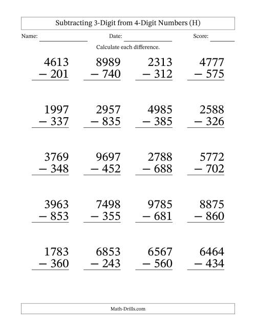 The Subtracting 3-Digit from 4-Digit Numbers With No Regrouping (20 Questions) Large Print (H) Math Worksheet