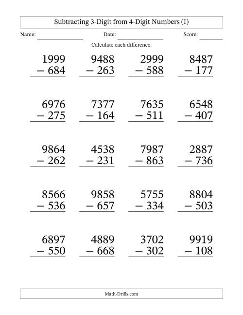 The Subtracting 3-Digit from 4-Digit Numbers With No Regrouping (20 Questions) Large Print (I) Math Worksheet