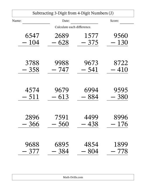 The Subtracting 3-Digit from 4-Digit Numbers With No Regrouping (20 Questions) Large Print (J) Math Worksheet