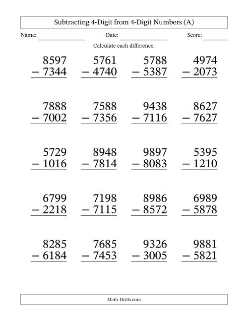 The Subtracting 4-Digit from 4-Digit Numbers With No Regrouping (20 Questions) Large Print (A) Math Worksheet
