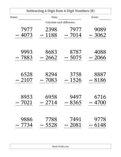 Large Print 4-Digit Minus 4-Digit Subtraction with NO Regrouping (B)