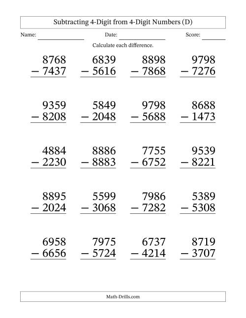 The Subtracting 4-Digit from 4-Digit Numbers With No Regrouping (20 Questions) Large Print (D) Math Worksheet
