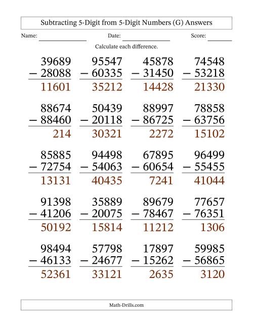 large print 5 digit minus 5 digit subtraction with no regrouping g