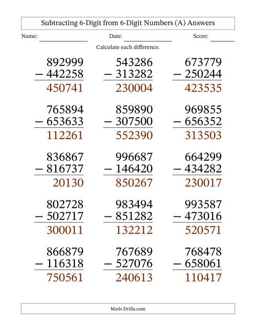 large print 6 digit minus 6 digit subtraction with no