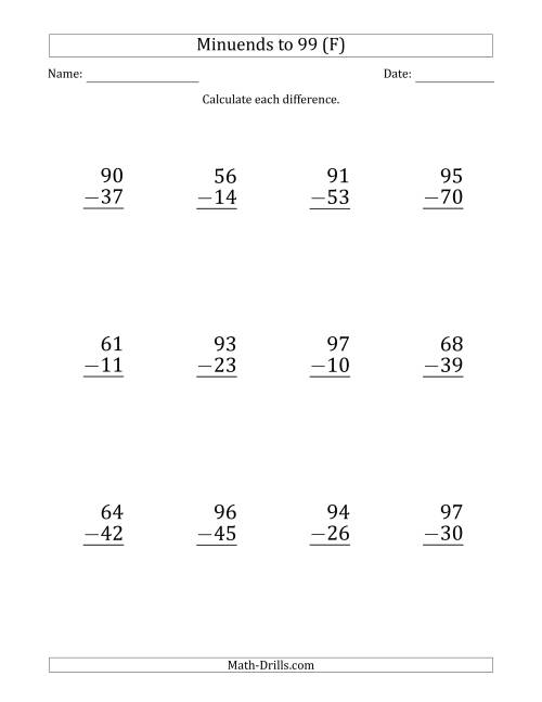 large print subtracting 2 digit numbers with minuends up