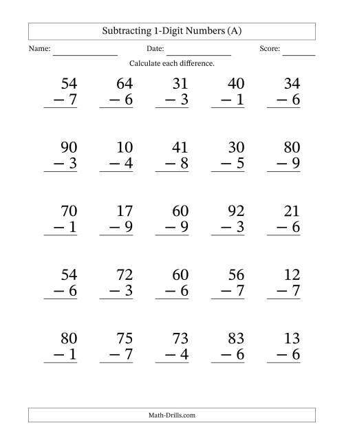 The Subtracting 1-Digit Numbers With All Regrouping (25 Questions) Large Print (A) Math Worksheet